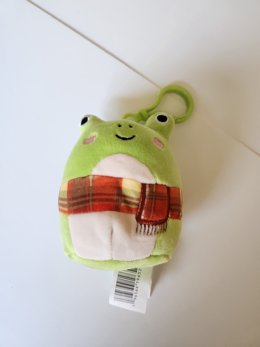 Kellytoy Green Frog Plush Keychain with Red-Orange Plaid Scarf